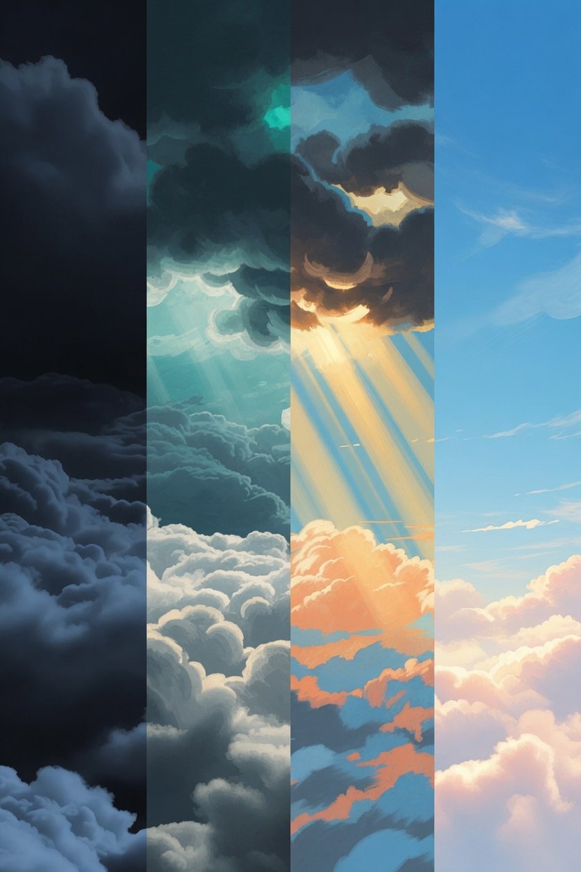 Four vertical panels: storm, teal break, gold rays, then still sky.