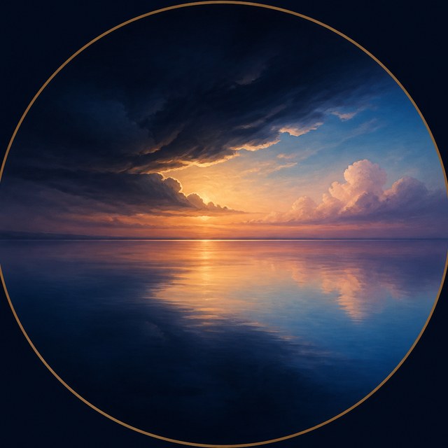 Circular emblem of still water under a breaking storm.